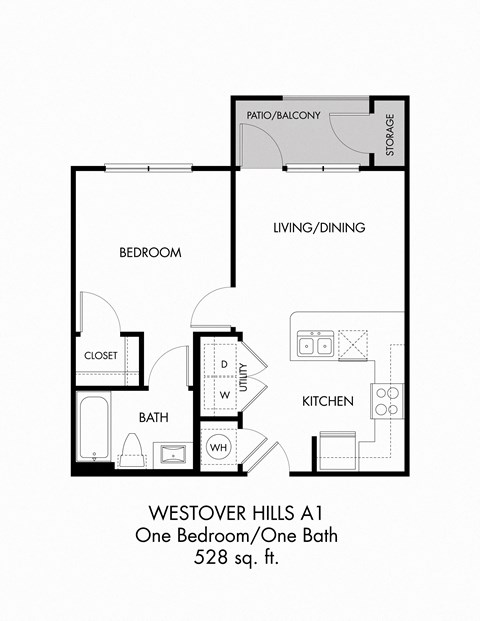 Floor plan for 1 bed, 1 bath, 528 sqft